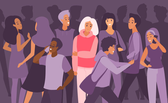 Loneliness of sad depressed woman in crowd of people vector illustration. Cartoon unhappy tired lonely girl feeling anxiety, mental burnout and apathy due to indifference of characters with phones