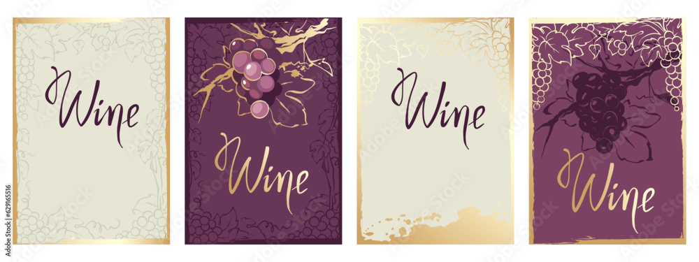 Wall mural Collection labels for wine. Vector illustration, set of backgrounds with grapes and gold strokes.	