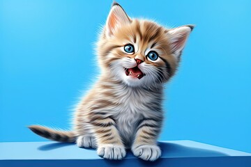 Fototapeta na wymiar Kitten Cat on A Blue Background