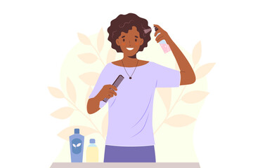 Young african american woman takes care of her hair, applying moisturizing spray to curly hair