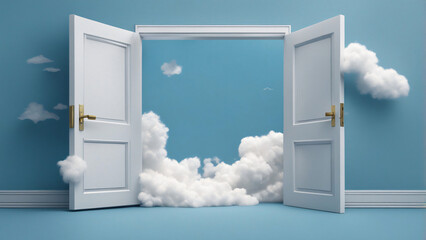 3d render, white fluffy clouds going through, flying out, open door, objects isolated on blue background. Door to haven abstract metaphor, modern minimal concept. Surreal dream scene 