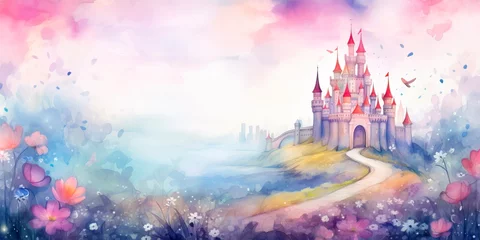 Keuken foto achterwand Sprookjesbos watercolor background with a whimsical and fairytale-like theme, perfect for children's book illustrations or magical storytelling.