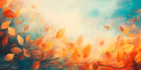 Poster background with autumnal colors, showcasing the beauty of falling leaves and the coziness of a harvest season. © Maximusdn