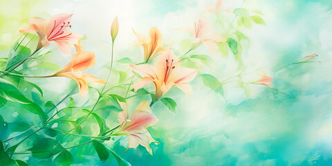 Fototapeta na wymiar watercolor background inspired by nature, with lush green foliage and delicate flowers, capturing the essence of a peaceful garden.