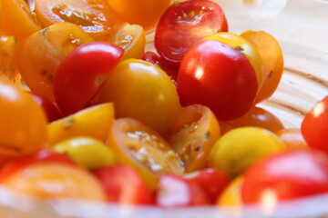 A close up photo of some chopped tomatoes in a bowl. 