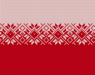 Christmas seamless pattern. Vector. Red and white knit print. Knitted sweater ornament . Xmas winter geometric texture. Holiday fair isle traditional background. Festive crochet.