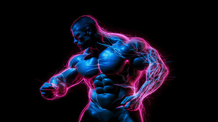 Fictitious Muscular Man Training Plexus Neon Black Background Digital Desktop Wallpaper HD 4k Network Light Glowing Laser Motion Bright Abstract	
