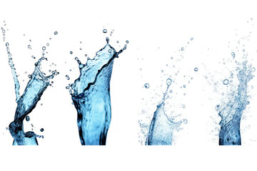 Fototapeta na wymiar Water crown splashes and wave swirl with drops. Vector transparent blue liquid splashing fluids with droplets, isolated realistic 3d elements, fresh drink, clear aqua falling or pour with air bubbles