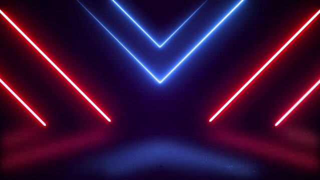 Abstract neon background with colorful beams of light. Futuristic studio concept with bright laser animation and reflective floor. Seamless loop.