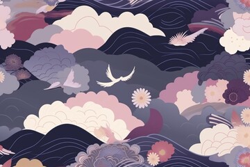 beautiful Japanese seamless pattern with clouds and waves