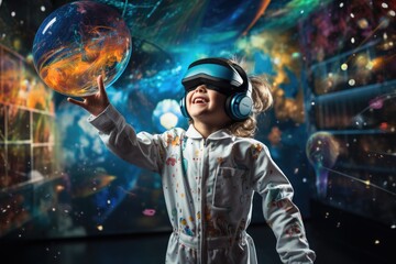 Fototapeta na wymiar Boy wearing VR headset user, surreal world and virtual reality, colorful flowers fields. Generative AI