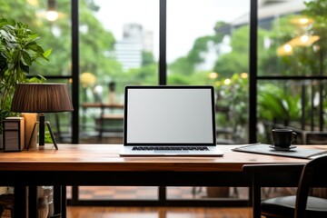 Workspace with laptop computer empty screen and office supply on wooden table, Ai generate