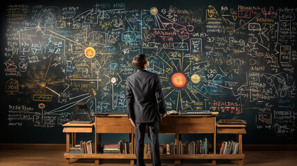 A teacher at a blackboard, drawing mathematical equations with enthusiasm 