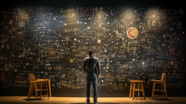 A teacher at a blackboard, drawing mathematical equations with enthusiasm 
