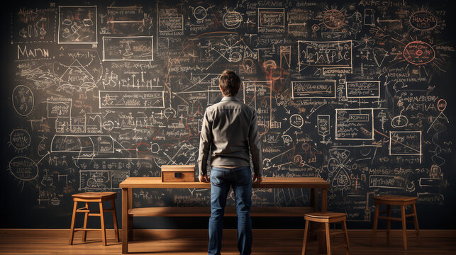 A teacher at a blackboard, drawing mathematical equations with enthusiasm 