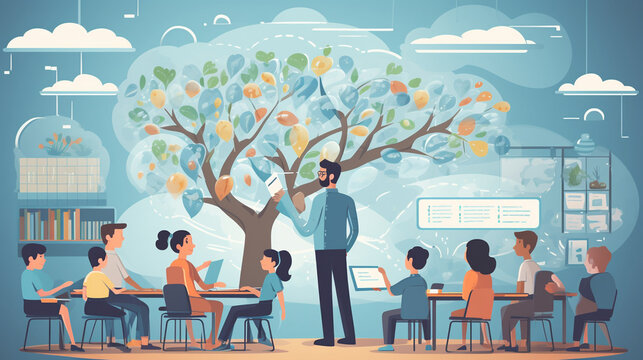 A teacher interacting with students in a virtual classroom, adapting to modern educational challenges 