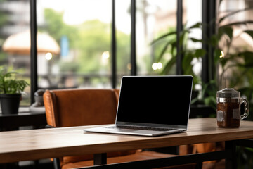 Fototapeta premium Workspace with laptop computer empty screen and office supply on wooden table, Ai generate