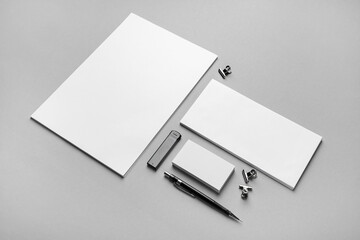 Blank corporate stationery set on gray paper background. Template for branding ID.