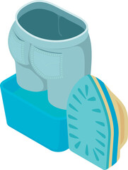 Jeans ironing icon isometric vector. Blue clean cropped jeans and cordless iron. Clothes ironing, housework