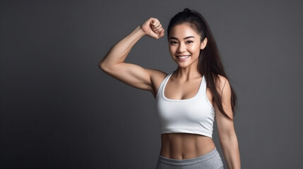 Fototapeta na wymiar photo of perfect shape sportive slim lady stomach abs dynamic intense training result spacious. Pretty female. Isolated on gray background. Generated AI 
