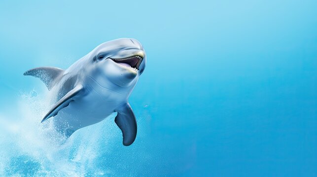 A playful image of a lively dolphin jumping out of the water with a big grin, as if it's showing off its impressive acrobatics. Generative AI. 