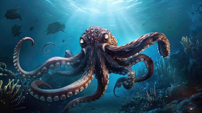 An amusing image of a playful octopus jumping into the water, its tentacles flailing around as it explores its underwater playground. Generative AI.