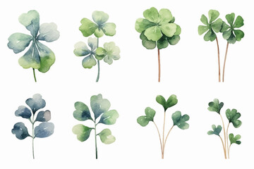 Lucky clover leaves with four leaf. Patricks day watercolor clipart