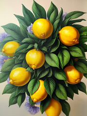 Floral background painted lemons leaves papercut vintage.