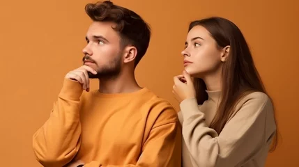 Fototapeten Image of happy young people man and woman in basic clothing thinking and touching chin while looking aside, isolated over orange background. Generated AI  ©  Mohammad Xte