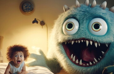 Obraz premium Сoncept of childhood phobias and fears. A monster in a child's bedroom
