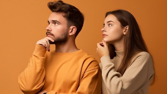 Image of happy young people man and woman in basic clothing thinking and touching chin while looking aside, isolated over orange background. Generated AI 