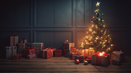 arbol de navidad con luces y decoracion, cajas de regalos con lazos sobre fondo de pared de madera oscura y suelo de madera. ilustracion de ia generativa