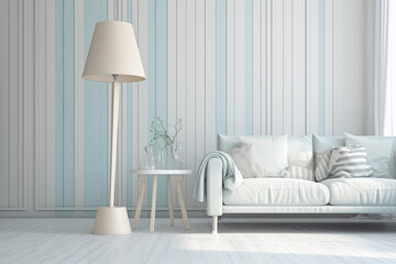 salon de una casa con pared vacia en tonos claros con sofa . ilustracion de ia generativa - obrazy, fototapety, plakaty