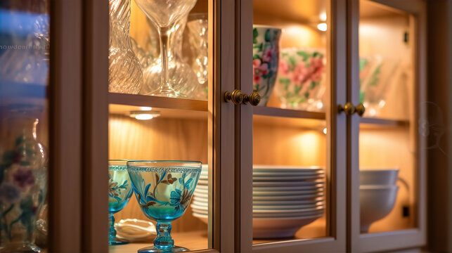 Elegant Porcelain Displayed in a Cupboard - AI Generated
