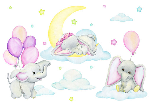 Cute elephants, balloons, moon, clouds, stars. Watercolor set, cartoon-style cliparts, on an isolated background.
