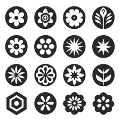 Flower icons set, Vector,Flowers icons flat monochromatic on flat white background , black and white