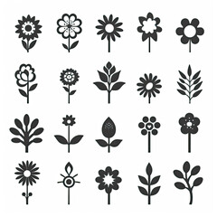 Flower icons set, Vector,Flowers icons flat monochromatic on flat white background , black and white