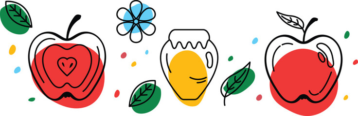 there are three apples with faces drawn on them and a flower