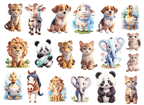 Animal cartoon png.Set of  Farm animal 3d cartoon .animal 3d  picture. Cat, Dog, Cow , Tiger, Lion, Elephant, Panda Horse png. Decoration and sticker element , Generative AI