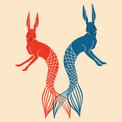 Rabbit, hare with a mermaid tail. Whimsical vector illustration. minimal, abstract contemporary style. Avatar, icon, poster, logo templates t-shirt design, print © Татьяна Горбатюк