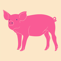 Pink pig. Vector illustration in a minimalist style with Riso print effect. Graphic element for design, print, sticker, party decoration, logo, emblem, magazine prints or journal article, design