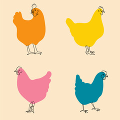 Colorful, fancy chicken. Avatar, badge, poster, logo templates, print. Vector illustration with Riso print effect in flat cartoon style