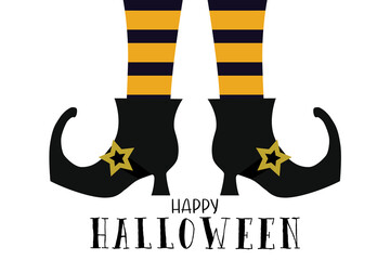 Happy Halloween text with two legs of the witch who wears black boots.