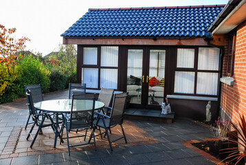 Modern sunroom and patio table.