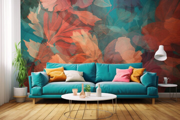 A room with a modern sofa and abstract artwork on the wall, generative ai