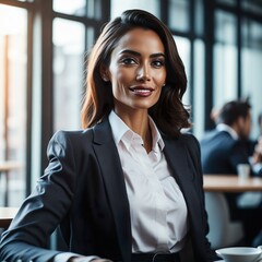 Obraz premium Smiling business woman in a suit in canteen break room