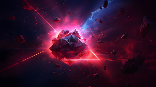 Space abstract background, burning comet, flash, laser through the stone, bright colors