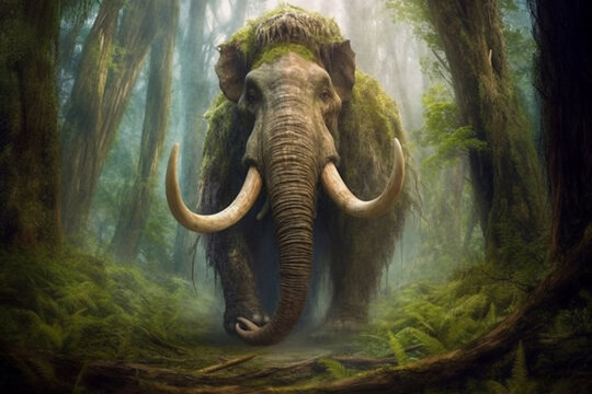 Prehistoric mammoth in the old forest, generative ai
