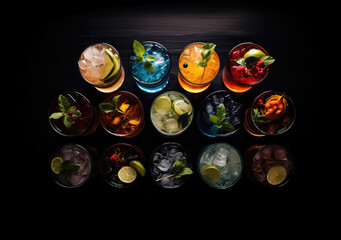 Aerial Mixology: Colorful Cocktail Drinks with Garnish and Ice in Light Maroon and Indigo Hues. Generative AI