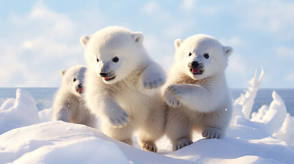 Polar Bear Cubs at Play: Description: The close-up shot features adorable polar bear cubs playfully tumbling in the snow.